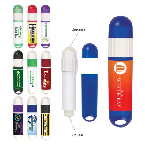 #9068 Lip Balm And Sunstick - Hit Promotional Products Sun Ideas, Sunburn Skin, Personalized Lip Balm, Trade Show Giveaways, Eos Lip Balm, Sunscreen Stick, Suntan Lotion, Club Color, Skin Aging