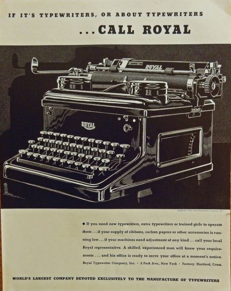 Royal typewriter   30 s original print advertisment  B W Illustration  world s largest company Royal Typewriter, Historical Illustration, American Illustration, Remember The Time, Life Aesthetic, Vintage Typewriters, Poster Ideas, Newsies, Vintage Magazine