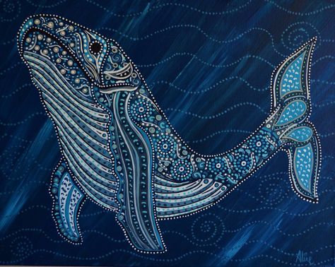 Humpback Whale II, by Australian artist Aline Cross. Acrylic on canvas; 16 x 20" | Oceanic Folk Aboriginal Art Dot Painting, Shark Painting, Whale Painting, Aboriginal Dot Painting, Aboriginal Dot Art, Underwater Painting, Whale Sharks, Arte Indie, Aboriginal Painting