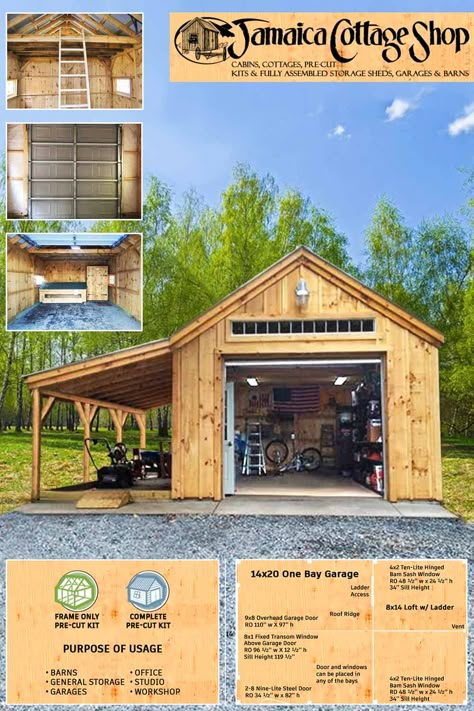 ★★★★★ Rudy Pardo August 25, 2020 Fast shipping & shipped to protect the items. Would recommend this shop to anyone. The space of 14'x24'  One Bay Garage creates room for your cars, wide workshop, & barns with enough room for tack & grain while the standard full loft makes great hay storage. #garage #customgarages #homeoffice #jcs #madevermont #vermont #woodsheds #jamaicacottageshop #sheds #ecofriendlyliving #minimalistliving #workshop #onebaygarage Check out our "One Bay Garage" spec sheet here: Shed For Storage, Detached Garage Hangout, Garage And Workshop Plans, Garage With Outdoor Living Space, Backyard Shop Ideas Garages, Backyard Wood Shop, Small Garage Building Ideas, Out Building Ideas Garages, Barn Storage Shed