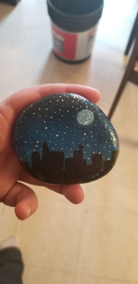 Night Sky Rock Painting, Challenge List, Painting Challenge, Walkways Paths, City Scape, Rock Ideas, Painted Rock, Stone Art, Rock Painting