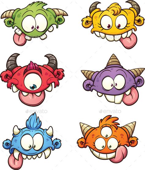 Colourful cartoon monster heads. Vector clip art illustration with simple gradients. Each on a separate layer. EPS10 file included Winter List, Cute Monster Illustration, Cartoon Faces Expressions, Cute Monsters Drawings, Doodle Monster, Doodle Characters, Monster Drawing, Graffiti Doodles, Monster Illustration