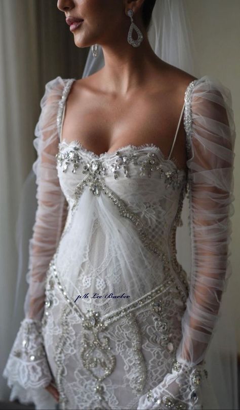 Leather And Lace Wedding Dress, Madonna Wedding Dress, Castle Wedding Dresses, Dreamy Fashion Aesthetic, Sheer Bodice Wedding Dress, Vintage Designer Wedding Dresses, Swan Lake Wedding Dress, Bridal Event Dresses, Funky Formal Wedding