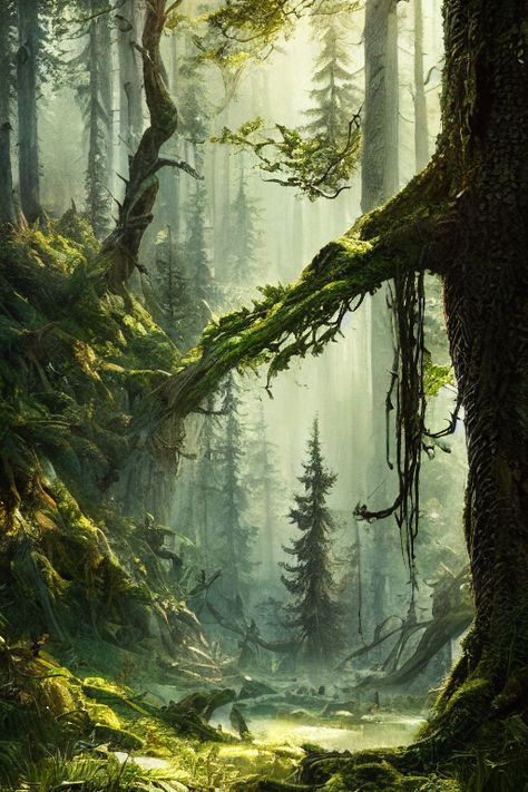 Feywild Dnd Landscape, Dnd Forest Art, Swampy Forest, Eldritch Forest, Dnd Scenery, Feywild Art, Dnd Jungle, Lush Forest, Fantasy Woods