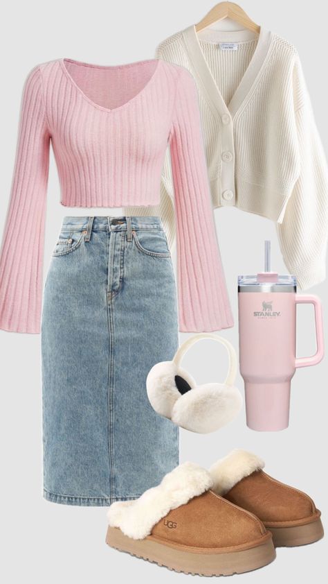 #coquette #lightpink #casualoutfit #comfy #winteroutfit #cardigan #skirt #uggs #modest #modestoutfit #outfitinspo #schoolfit #cozy #pinkaesthetic #christiangirl Modest Winter Outfits, Modest Girly Outfits, Cardigan Skirt, Punk Style Outfits, Modesty Outfits, Cute Modest Outfits, Clueless Outfits, Cozy Winter Outfits, Everyday Fashion Outfits