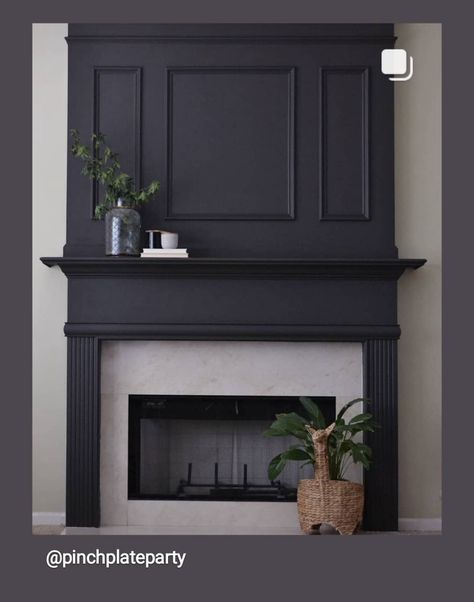 Moulding On Fireplace Wall, Moody Electric Fireplace, Dark Painted Fireplace Surround, Picture Frame Molding Fireplace, Black Wall White Fireplace, Black Mantle Fireplace Painted, Dark Mantle Fireplace, Black Fireplace Wall With Tv, Tricorn Black Fireplace