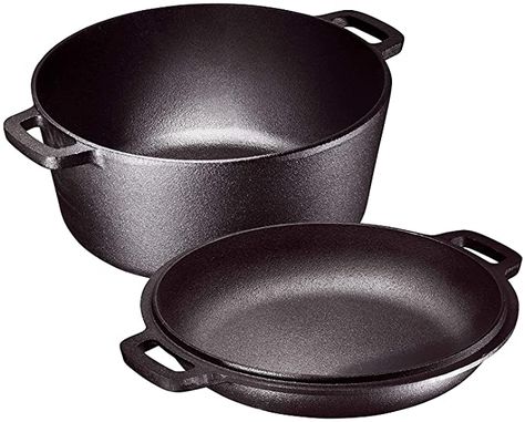 Amazon.com: Bruntmor Heavy Duty Pre-Seasoned 2 In 1 Cast Iron Pan Double Dutch Oven Set and Domed 10 inch 1.6 Quart Skillet Lid, Open Fire Stovetop Camping Dutch Oven, Non-Stick, 5-Quart Multi-Cooker Cookware: Kitchen & Dining Cast Iron Bakeware, Cookware Stand, Cast Iron Oven, Dutch Oven Camping, Seasoning Cast Iron, Double Dutch, Cast Iron Pot, Oven Canning, Cast Iron Dutch Oven