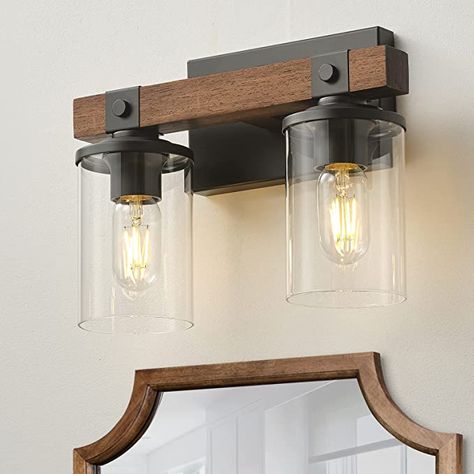 Rustic Vanity Lights, Farmhouse Bathroom Light, Bathroom Lights Over Mirror, Lamp Bathroom, Farmhouse Vanity Lights, Rustic Wall Lighting, Wood Light Fixture, Rustic Vanity, Farmhouse Vanity