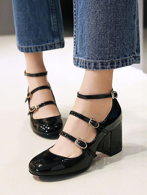 T Strap Shoes, Elegant Pant, 파티 드레스, Chunky Heel Shoes, Mary Jane Pumps, Leather Mary Janes, Round Toe Heels, Fashion Korean, Retro Stil