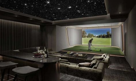 Abandoned Mansion For Sale, Home Golf Simulator, Indoor Golf Simulator, Home Theater Room, Golf Simulator Room, Golf Room, Gaming Lounge, Home Theater Room Design, Theater Room Design