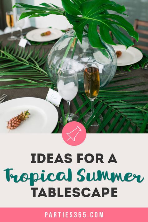 Want to set a beautiful outdoor dining table for a summer party? You'll love this simple tablescape featuring a palm leaf centerpiece and tropical decor! Click through to see all the summery tabletop decorations! Tropical Table Scape, Tropical Theme Party Decorations, Palm Leaf Centerpiece, Tropical Table Setting, Tropical Tablescape, Leaf Centerpiece, Tropical Table, Tropical Desserts, Large Glass Vase