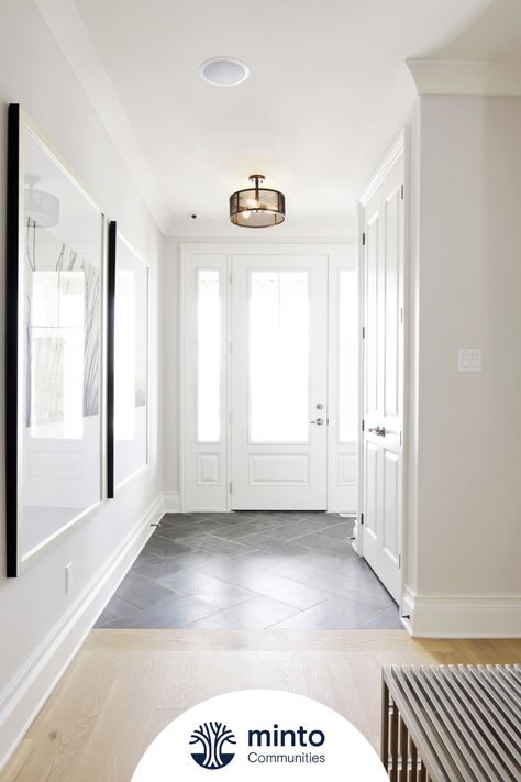 Front Entryway Tile Floor, Small Entrance Hall Flooring Ideas, Entrance Foyer Flooring Pattern, Light Grey Entryway, Tile To Hardwood Transition Entryway, Foyer Floor Ideas, Small House Foyer, Front Hall Tile, Front Hall Tiles Entryway