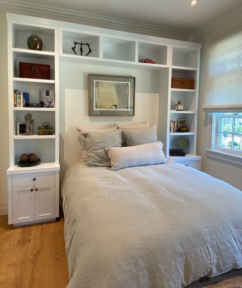 Headboard Cabinet Ideas, Cabinets Around Bed Built Ins, Headboard Wall With Shelves, Bedroom Ideas With Cabinets, Built In Bed With Bookshelves, Bed With Bookshelves On Either Side, Bed Coming Out Of Closet, Built In Around Bed, Bedroom Built Ins Around Bed