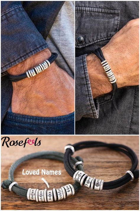 $24.95 ! The beads of this men's custom bracelet are made of stainless steel with a comfortable woven wristband.Adjustable - The chain can be resized .Engrave Name - Each bead can be engraved with a custom name, you can choose the number of beads based on the number of family members and engrave the names of everyone in your family so that the family will be with you whenever and wherever you are.Customization - You can also engrave some stimulating words to encourage yourself. Family Jewelry Ideas, Bracelets For Him, Personalized Gifts For Him, Mens Bracelet Personalized, Boys Bracelets, Couples Bracelets, Men's Bracelets, Custom Bracelet, Mens Bracelet Silver