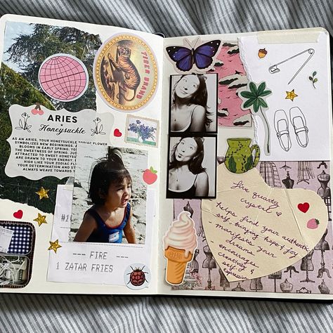 Junk Journal Travelers Notebook, About Me Journal Page Aesthetic Ideas, Journal About Me Page Ideas, Junk Jornal Ideias, First Page Of A Journal, Junk Journal Aesthetic, Collage Scrapbook Ideas, Junk Scrapbook, Journal Collage Ideas