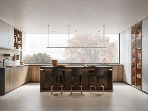 Kitchen with island THEA – HANDLE-FREE KITCHEN by Arclinea Arclinea Kitchen, Glass Display Unit, Melamine Wood, Kitchen Cost, Wooden Staff, Aluminum Shelves, Antonio Citterio, Kitchen Models, Stainless Steel Bar