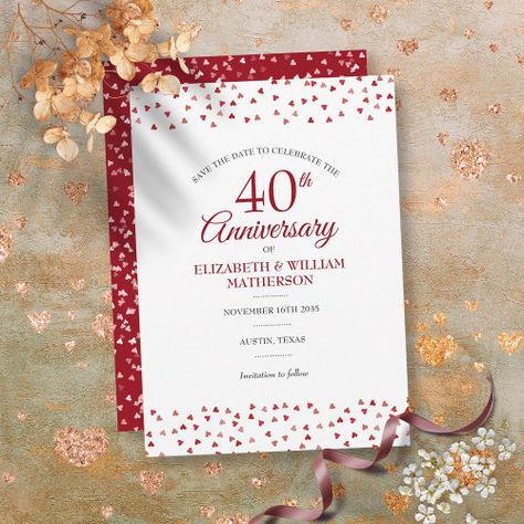 Save The Date 40Th Wedding Anniversary Ruby Chic Invitation #zazzle #weddinginvitations #birthdayinvitations #babyshowerinvitations #zazzleinvitations #monogram #businesscards #graduation #homedecor 40th Anniversary Invitation Ideas, 40th Wedding Anniversary Invitations, Wedding Anniversary Party Themes, Anniversary Party Themes, 40th Anniversary Party, Confetti Invitation, Chic Invitation, Ruby Anniversary, Ruby Wedding Anniversary