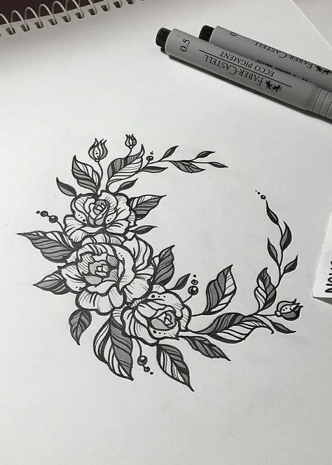 nice wreath Drawing Of Flowers, Henne Tattoo, Couple Drawing, Drawing Eyes, Wreath Drawing, Geniale Tattoos, Drawing Faces, Rose Tattoo Design, Diy Tattoo