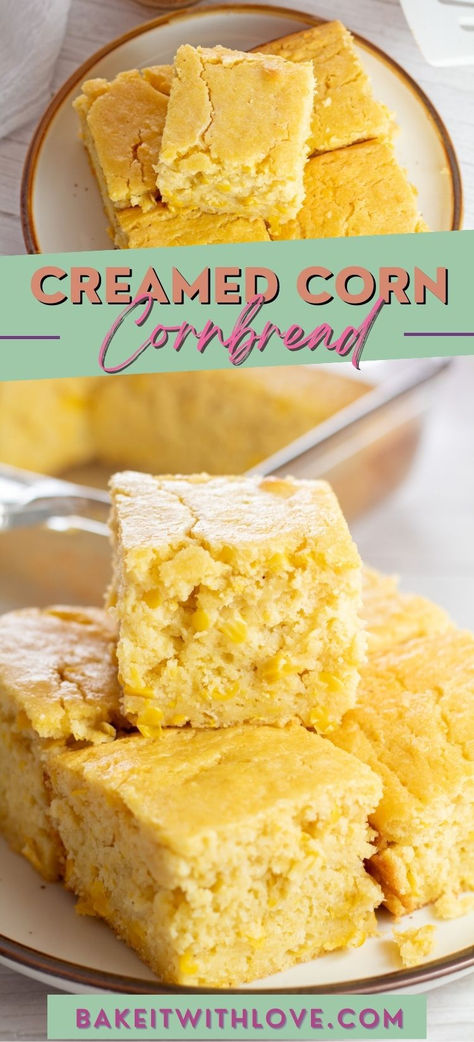 Multi-image pin with sliced squares of freshly baked creamed corn cornbread on a tan plate and light background. Cream Corn Cornbread Recipe, Best Creamed Corn, Mexican Breads, Butter Dips, Corn Cornbread, Creamed Corn Cornbread, Carbquik Recipes, Corn Butter, Easy Cornbread Recipe