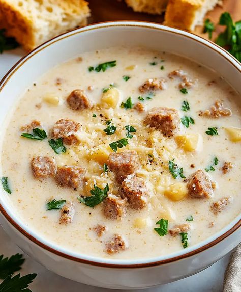 Creamy Parmesan Italian Sausage Soup Recipe - sandyrecipes.com Mild Italian Sausage Soup Recipes, Marry Me Sausage Soup, Sweet Sausage Soup, Italian Sausage Soup With Spinach, Italian Wedding Soup Creamy, Beer Cheese Sausage Soup, Ground Sausage Recipes Soup, Sausage And Dumpling Soup, Linguica Soup