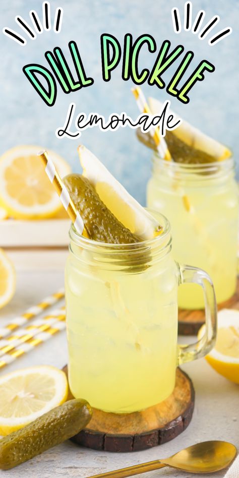 Dill Pickle Lemonade Drinks With Pickle Vodka, Dill Pickle Lemonade, Dill Pickle Vodka Drinks, Pickle Slushie Recipe, Pickle Juice Cocktails, Pickle Vodka Drinks, Pickle Lemonade Recipe, Pickle Bar Ideas, Country Time Lemonade Recipe