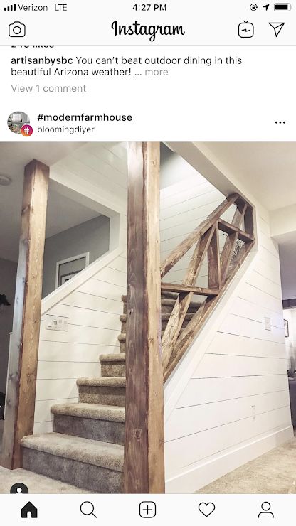 Open Staircase Ideas Basement Stairs Railings, Stairs With Shiplap Wall, Interior Stair Railing Ideas Farmhouse, Basement Step Railing Ideas, Farmhouse Open Staircase, Basement Door Ideas Interior Staircase, Opening Up A Staircase Wall, Open Staircase Ideas Basement Stairs, Rustic Farmhouse Staircase