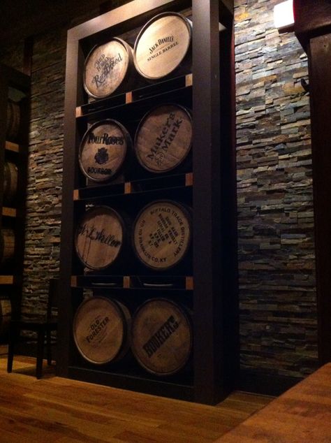 Bourbon Barrel Wall Decor, Whiskey Barrel Head Ideas, Whiskey Barrel Wall, Speakeasy Basement, Bar Room Design, Basement Pub, Wine Barrel Art, Wine Barrel Wall, Bar Lounge Room