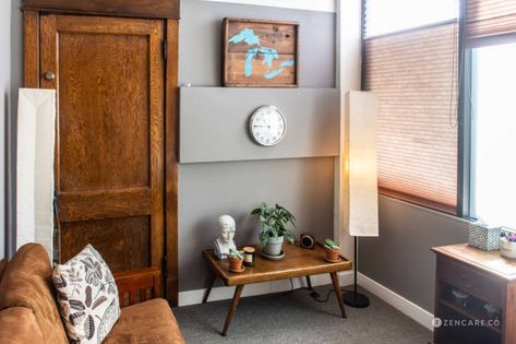 Therapy Offices We Adore: 73 Therapy Spaces That Inspire | Zencare Art Therapy Studio, Counseling Office Design, Psychotherapist Office, Elizabeth Elliott, Therapist Office Design, Therapy Offices, Counselling Room, Elizabeth Elliot, Home Therapy