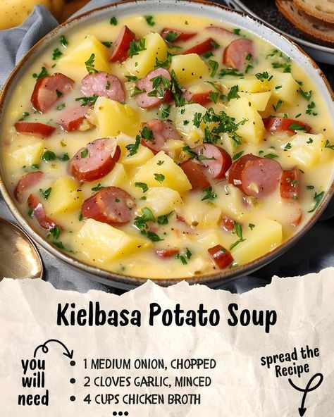 Soup Lovers | Kielbasa Potato Soup 🥔🍲 | Facebook Recipes Kielbasa, Potato Kielbasa Soup, Kielbasa Potato Soup, Potato Kielbasa, Kielbasa Soup, Kielbasa And Potatoes, Warm Soup Recipes, Quick Soup Recipes, Kielbasa Recipes