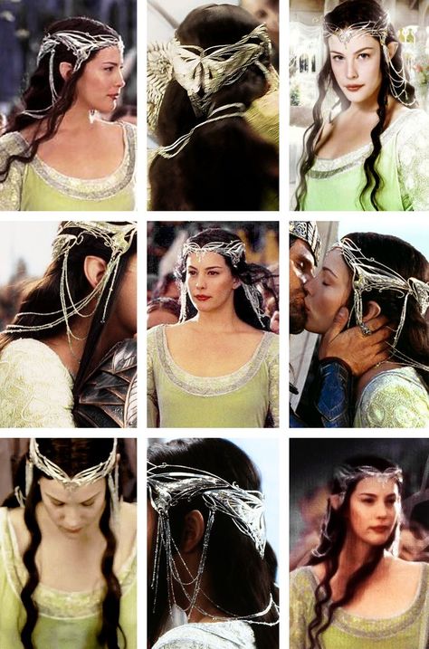 Lord Of The Rings Outfits Elves, Lotr Elves Costume, Lotr Elves Clothing, Arwen Lord Of The Rings Costume, Aragorn And Arwen Costume, Arwen Headpiece, Arwen Undomiel Aesthetic, Arwen Halloween Costume, Elvish Wedding Dress Lord Of The Rings