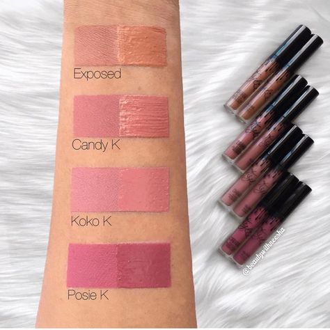 Mattes vs glosses! Kylie jenner Exposed, Candy K, Koko K & Posie K Kylie Jenner Lip Kit Swatches, Kylie Lip Kit Swatches, Lip Gloss Swatches, Lipgloss Swatches, Koko K, Kylie Jenner Lip Kit, Jenner Makeup, Kylie Lip Kit, Kylie Jenner Lipstick