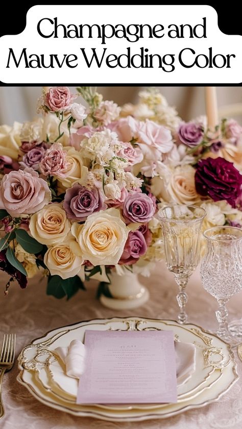 Champagne and mauve wedding color ideas for a romantic wedding setup. Mauve And Silver Wedding, Mauve Spring Wedding, Dark Mauve Wedding, Mauve Wedding Theme, Champagne Wedding Colors Scheme, Classic Wedding Theme, Bridesmaids Floral, Mauve Wedding Colors, Classic Wedding Themes