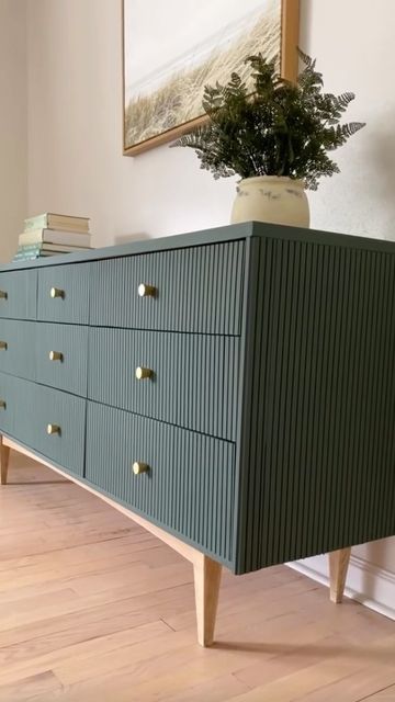 Modern Bedroom Drawers, Mcm Dresser Makeover Green, Mcm Tallboy Makeover, Modern Chalk Paint Furniture, Pole Wrap Dresser Makeover, Painted Dresser Ideas Modern, Colored Dressers Bedroom, Mid Century Modern Dresser Makeover Diy, Mcm Painted Furniture