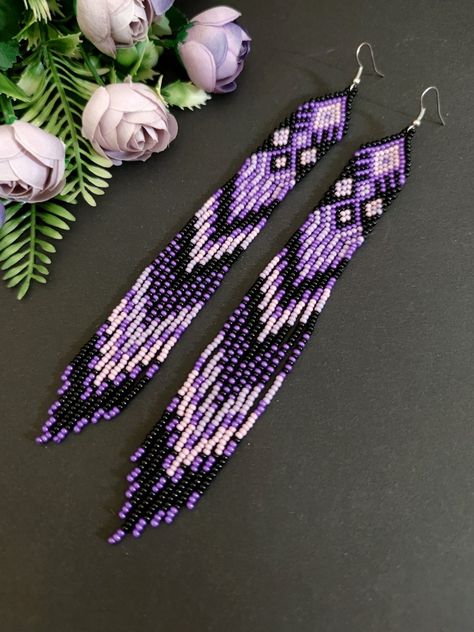 Purple Native Beaded Earrings, Purple Fringe Earrings, Purple Beaded Earrings, Native Earrings, Grad Ideas, Beaded Earrings Native, Native American Beaded Earrings, Native Beadwork, Purple Beaded