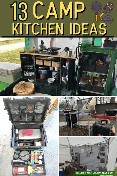 pictures of different ways to set up your camp kitchen - chuck box, diy chuckbox, camp kitchen pop up Family Camping Tent Set Up, Tailgate Camping Ideas, Camp Kitchen Storage, Organizing Camping Gear, Tent Kitchen Setup, Campsite Kitchen Setup, Camping Food Storage Ideas, Camping Accessories Ideas, Camping Kitchen Organization