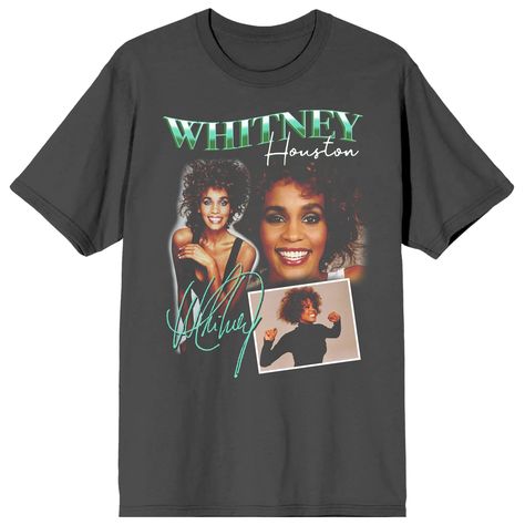 PRICES MAY VARY. CUSTOM DESIGN: Vibrant pictures of Whitney Houston decorate the front of this graphic tee while blue letters above spell out the singer's name while her signature appears in blue below the image. Fans of the soul singer will love this fun design. SHORT SLEEVE: Stay cool and comfortable in the short sleeves on this tee as you exercise with a jog through the park, run errands on a warm day, or work around the house listening to your favorite Whitney Houston songs. OFFICIALLY LICEN Whitney Houston Shirt, Park Run, Vibrant Pictures, European Winter, Portrait Collage, Blue Letters, Soul Singers, Whitney Houston, Gift List