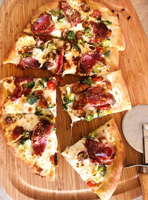 Roasted Broccoli, Cherry Tomato and Crispy Capicola Pizza - Recipe! - Live. Love. Laugh. Food. Live Love Laugh, Pizza Place, Cherry Tomato, Roasted Broccoli, Homemade Pie, Broccoli Florets, Cured Meats, Pizza Dough, Red Pepper Flakes