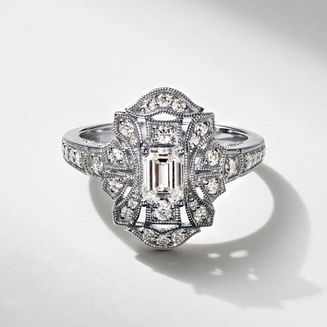 This emerald-cut Art Deco-inspired diamond engagement ring by Neil Lane Bridal will leave you in awe. Gorgeous Rings, Neil Lane, Romantic Rings, Bridal Fashion Jewelry, Dream Engagement Rings, Bridal Gold Jewellery, Ring Style, Custom Jewelry Design, Pretty Jewellery