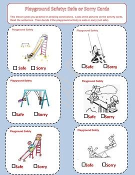 Playground Safety Decision Cards Dangerous Places To Play Worksheet, Playground Safety Activities, Playground Safety Rules, Safety Town, Playground Rules, Teaching Safety, Safety Activities, Playground Safety, Task Analysis