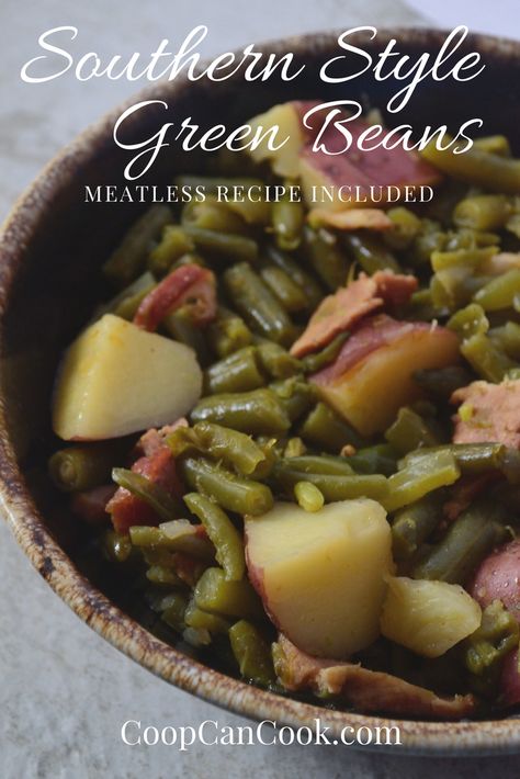 Make frozen taste fresh with this easy recipe for delicious Southern Style Green Beans! This recipe also includes tips to make it meatless and vegan! Green Beans Potatoes And Ham, Green Bean Casserole Recipes, Bean Casserole Recipes, Beans And Potatoes Recipe, Country Green Beans, Ham Potatoes, Coop Can Cook, Beans And Ham, Green Beans Potatoes