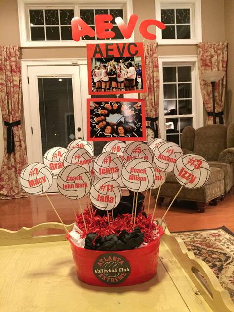 Volleyball table centerpiece decor #AEVC                                                                                                                                                     More Volleyball Tournament Table Decorations, Volleyball Table Decorations, Volleyball Centerpieces Ideas, Volleyball Centerpieces, Volleyball Swag, Volleyball Party Decorations, Volleyball Snacks, Center Piece Ideas, Volleyball Decorations