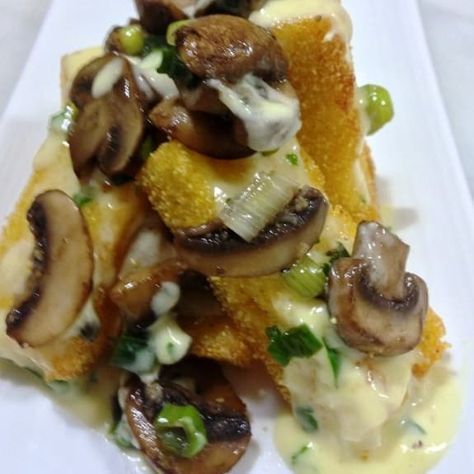 Fried polenta with mushrooms and Gorgonzola sauce. Cooked polenta served with homemade Gorgonzola sauce. Polenta Recipes Healthy, Leftover Polenta, Fried Polenta Recipes, Polenta With Mushrooms, Polenta Chips, Fried Polenta, Gorgonzola Cream Sauce, Italian Polenta, Mushroom Polenta