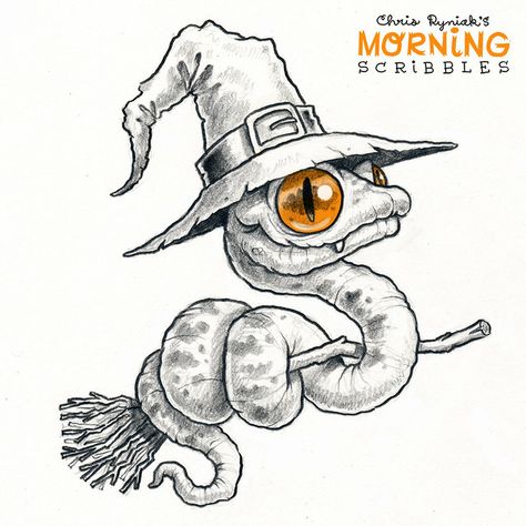 Snake Witch, Morning Scribbles, Chris Ryniak, Cute Halloween Drawings, Friendly Monster, Cute Monsters Drawings, Monster Drawing, Halloween Drawings, Cute Monsters