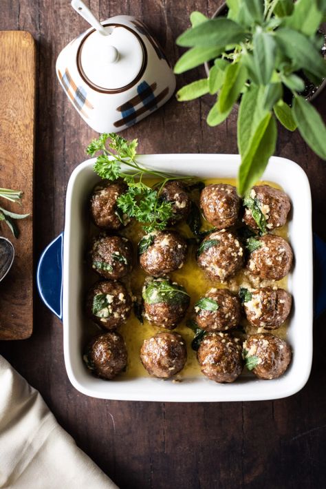 Meatballs with Sage Brown Butter Sauce | Dude That Cookz Sage Meatballs, Sage Brown Butter Sauce, Butter Meatballs, Moist Meatballs, Sage Brown Butter, Brown Butter Sage Sauce, Brown Butter Sauce, Beef Meatballs, Brown Sauce