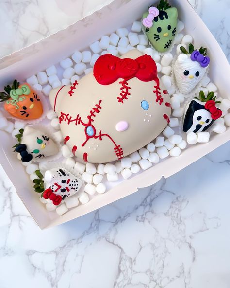 Hello Kitty Spooky Berries to accompany our Chucky Breakable! 🤗 #halloweencakesicles #hocuspocus #halloweensweets… | Instagram Mini Cake Treat Boxes, Halloween Picnic Aesthetic, Horror Cake Pops, Hello Kitty Breakable Heart, Spooky Chocolate Covered Strawberries, Spooky Berries, Hello Kitty Strawberries, Hello Kitty Spooky, Halloween Strawberries