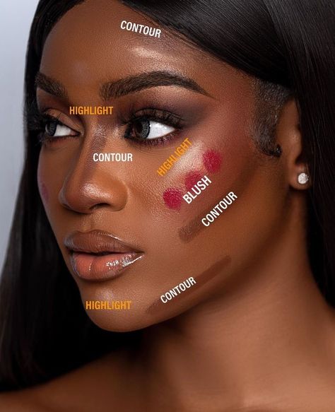 Face Contouring Black Women, Black Woman Contouring, Makeup Products Beginners, Makeup Tutorial On Black Women, Natural New Years Makeup, Different Contour Styles, Contour Map Makeup, Learning To Do Makeup, Steps Of Makeup Application