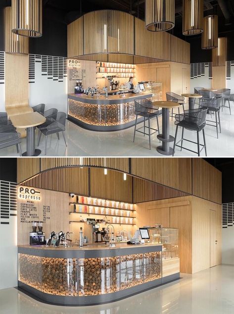 Curved Bar Design, Modern Coffee Shop, Bar Counter Design, Cafe Counter, Cafe Concept, Home Coffee Bar, Kiosk Design, Coffee Shops Interior, Wood Tables