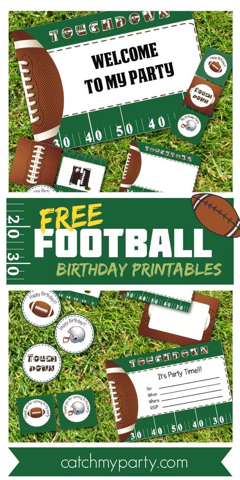 If your son (or daughter) loves football, use our FREE football birthday party printables and you've got all the decorations for your next football party! The collection includes invitations, party circles, a welcome sign, fancy labels, favor tags, and a Happy Birthday banner. See more party ideas and share your at CatchMyParty.com Football Party Printables, Football Printables, Football Birthday Party Invitations, Football First Birthday, Football Board, Happy Birthday Printable, Football Birthday Party, Birthday Party Printables, Valentine's Day Printables