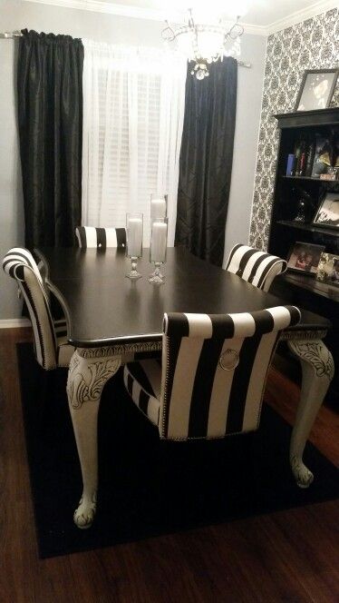 My new dining room Punk Dining Room, Gothic Dinning Room Ideas, Spooky Dining Room, Goth Dining Room, Goth Dinner, Gothic Lounge, Gothic Living Room Ideas, White Dining Room Furniture, Gothic Dining Room