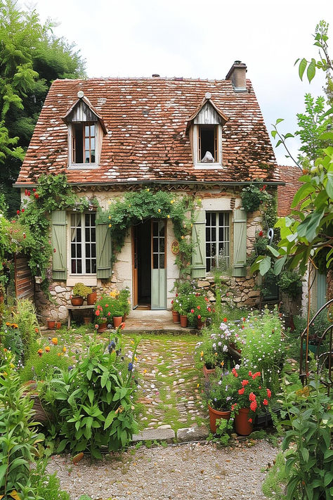 Quaint stone cottage with floral pathway and blooming plants in a French garden. French Cottage Exterior, Cottage Garden Inspiration, Garden Inspiration Ideas, Floral Pathway, Story Book House, French Cottage Garden, Countryside Farmhouse, Country Patio, Architecture Reference